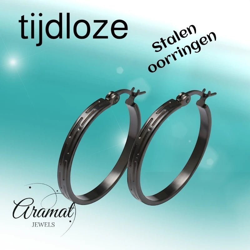 Zwarte RVS Oorringen met Streepjes Motief - 30 mm - Aramat Jewels - Oorringen - cadeautip