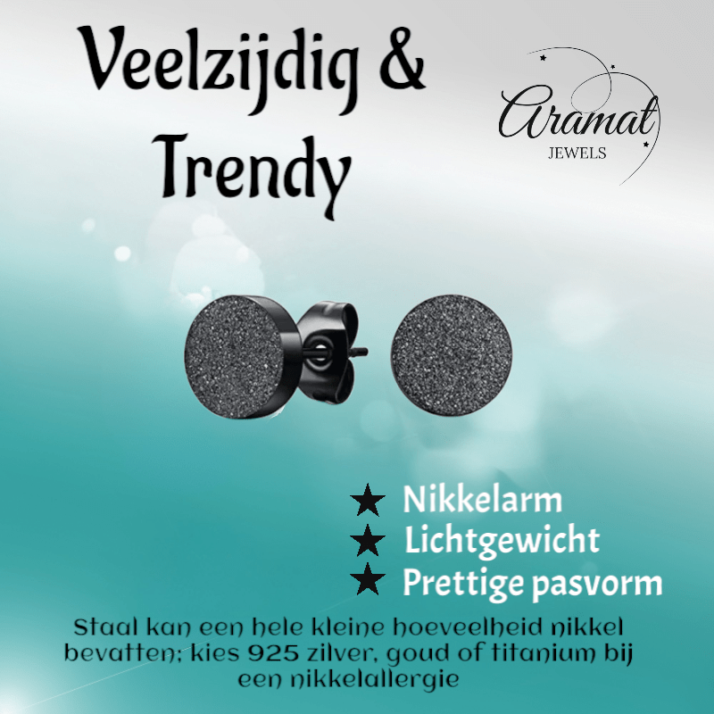 Zwarte RVS Oorstekers Mat 7mm Sandblasted - Aramat Jewels - Oorbellen - cadeautip