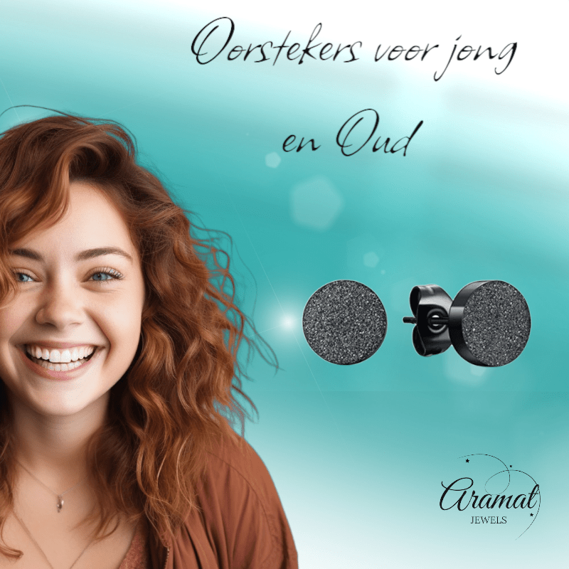 Zwarte RVS Oorstekers Mat 7mm Sandblasted - Aramat Jewels - Oorbellen - cadeautip