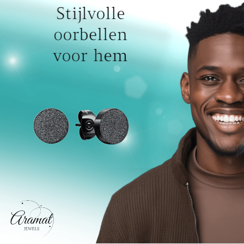 Zwarte RVS Oorstekers Mat 7mm Sandblasted - Aramat Jewels - Oorbellen - cadeautip