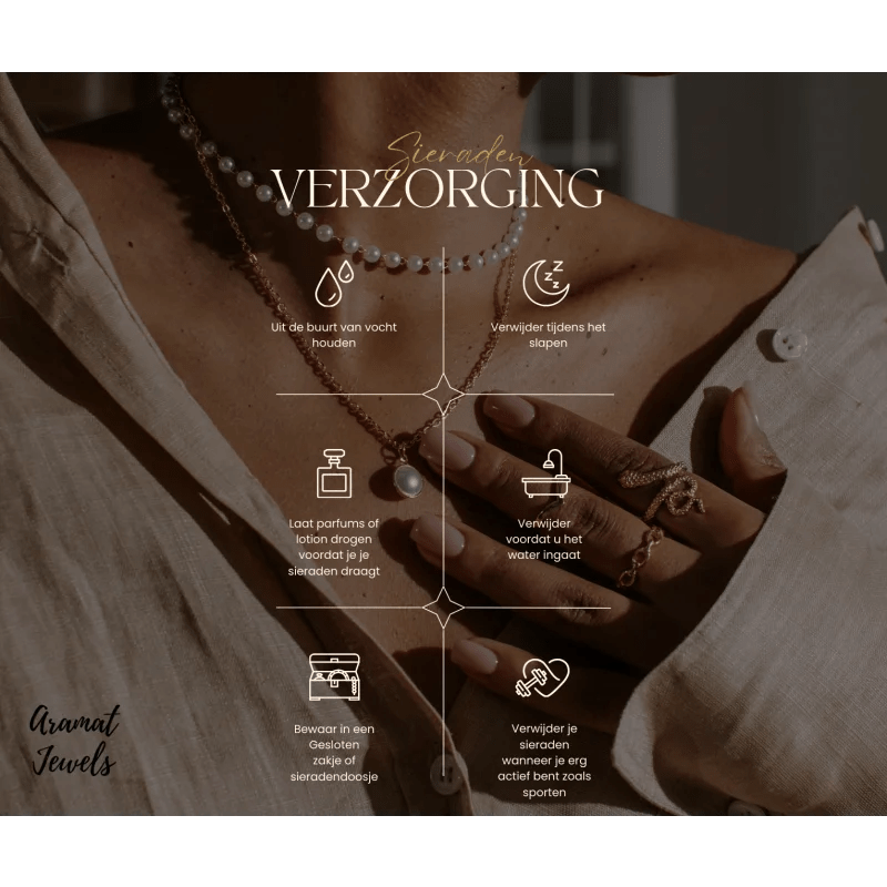 Infographic met verschillende aspecten van de verzorging en het onderhoud van sieraden in het Nederlands.