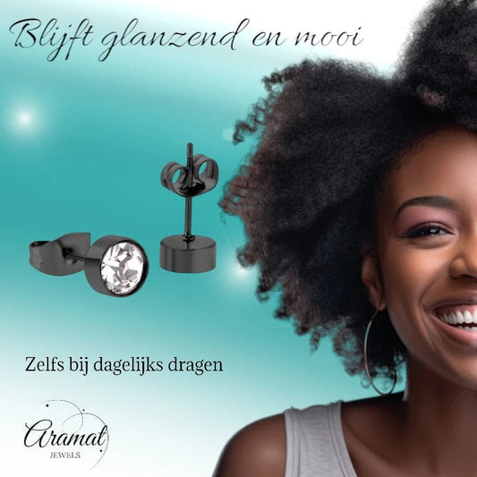 Zwarte Stalen Oorbellen met Kristal | 6mm - oor3751 - Oorbellen kopen# - 6mm - alles