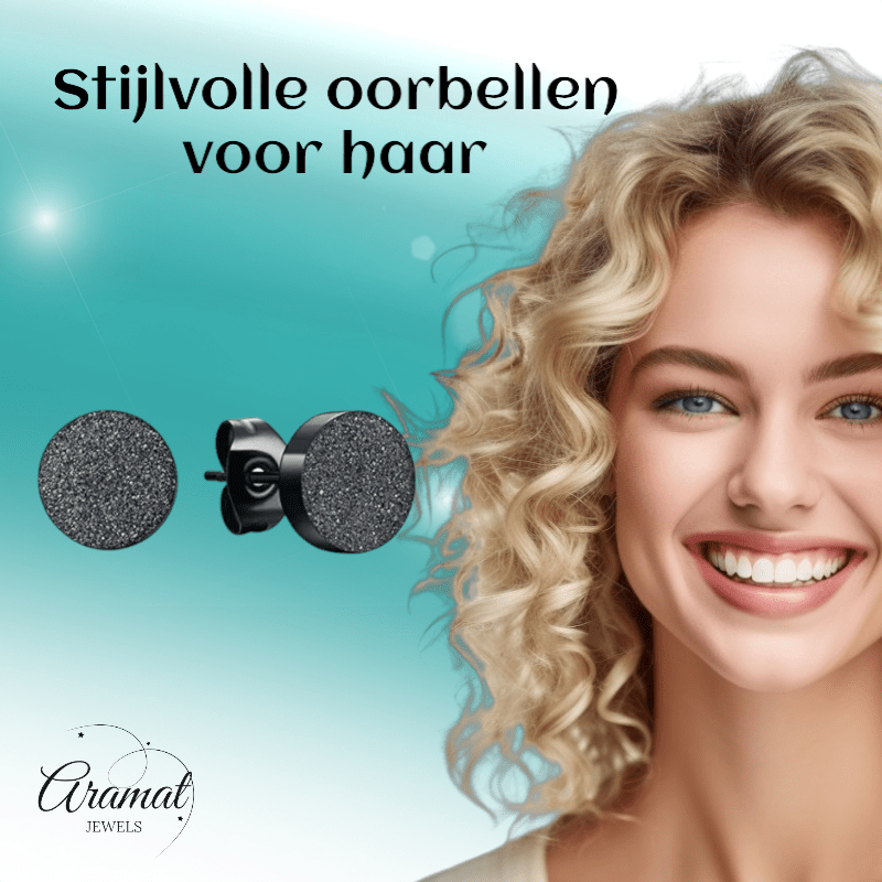 Zwarte Stalen Oorstekers Mat 8mm - Aramat Jewels - Oorbellen - cadeautip