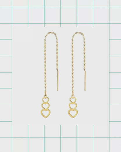 Boucles d'oreilles pendantes en acier inoxydable couleur or, chaîne à 3 cœurs - Pendentifs romantiques