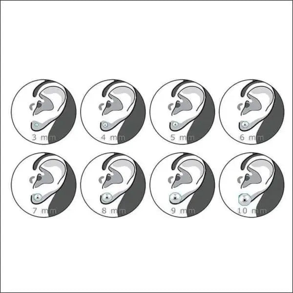 Een Set Van Zes Oor Knopjes Op Een Witte Achtergrond Met Stalen Oorbellen Cone Lila 6mm.